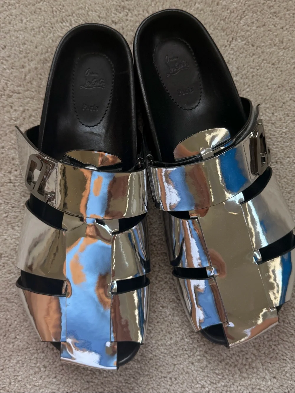 Christian Louboutin Silver Leather Slide Sandals with Red Toe Accent